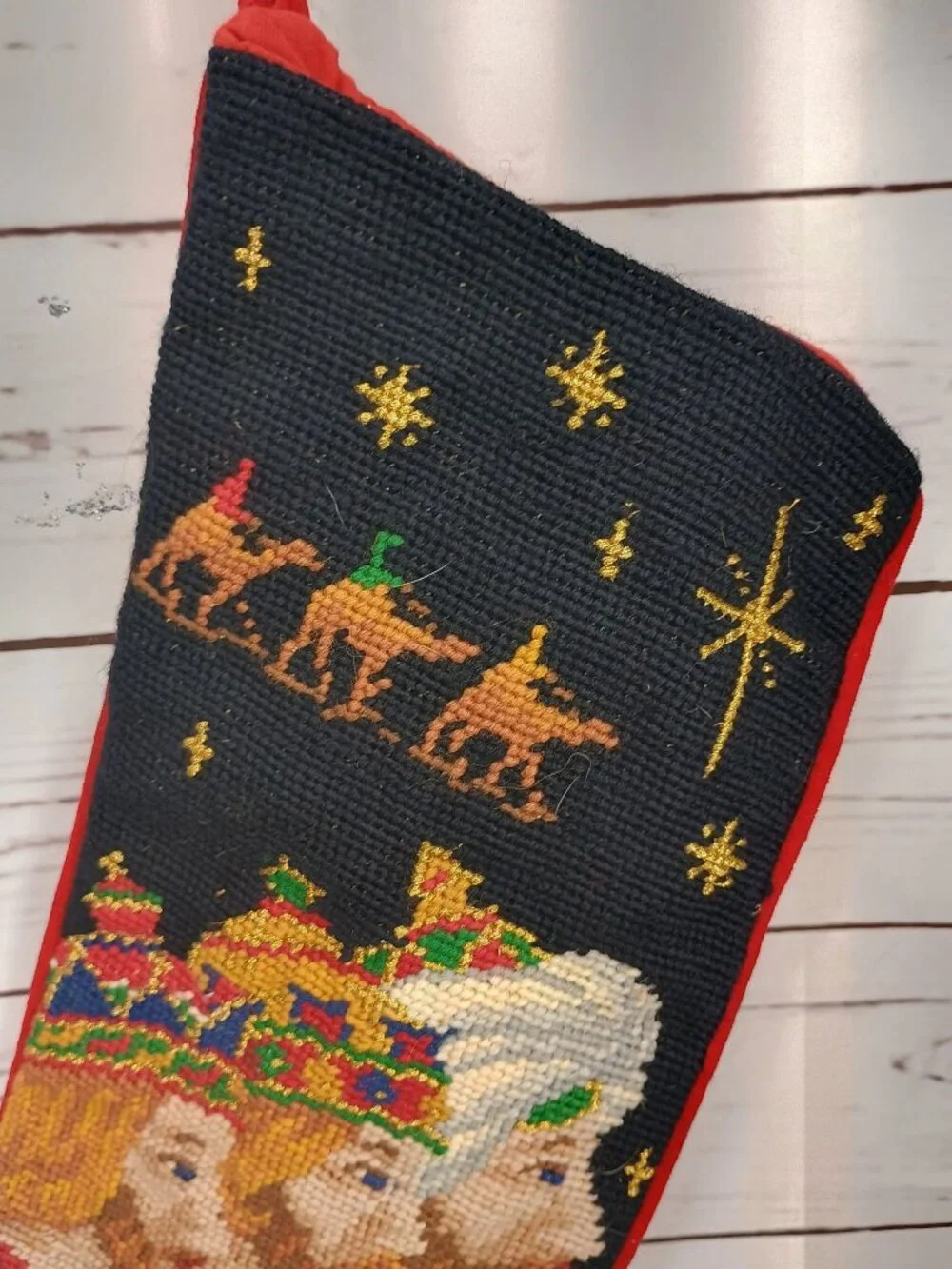 Handcrafted Needlepoint Christmas Stocking King Wise Men & Camel Red Backing 20